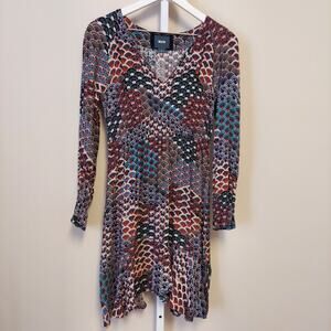 Maeve Monaco Peacock Dress M Long‎ Sleeve Multicolor Boho Maximalist V-Neck